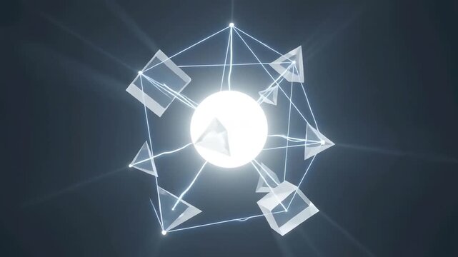 Geometric node shapes connected by glowing lines orbiting a central light source, symbolizing distributed remote teams, global workforce collaboration, decentralized network architecture, and SaaS.