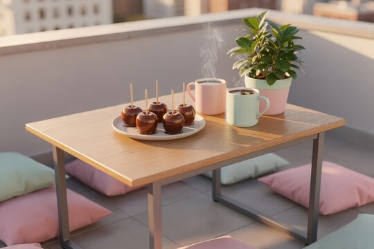 Charming Rooftop Patio with Wooden Table Displaying Caramel Apples and Steaming Coffee Mugs, Soft Morning Light, Potted Plant Adding Freshness, Pastel Cushions, Capturing Relaxed Urban Leisure