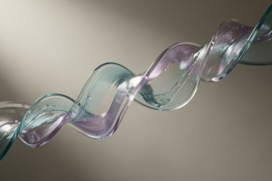Elegant Twisting Glass Sculpture in Minimalist Setting, Soft Ambient Lighting, Delicate Purple and Blue Hues, Smooth Curves and Reflections, Capturing Modern Artistic Expression