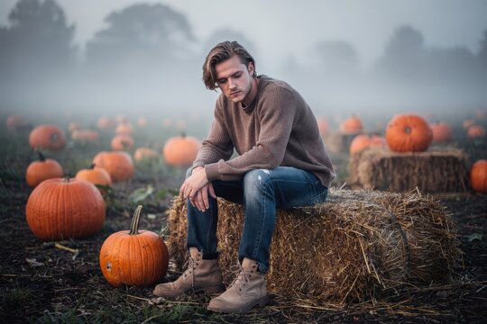Pensive Young Man Sitting on Hay Bale in Misty Pumpkin Patch, Soft Morning Fog Enveloping the Field, Earthy Autumn Tones, Casual Attire, Capturing Reflective Solitude and Seasonal Change