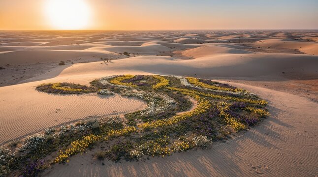 Vibrant Desert Wildflowers Blooming in Expansive Sandy Dunes, Golden Sunset Casting Warm Glow, Intricate Patterns of Colorful Flora, Soft Shadows, Capturing Nature's Resilience and Beauty