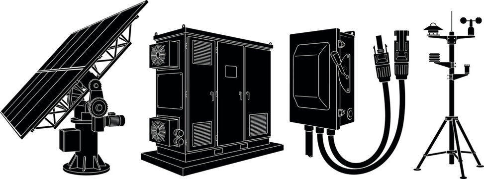 Industrial Solar Energy Equipment Vector Set with Solar Tracking Panel Battery Inverter Junction Box MC4 Cables and Weather Station Silhouette Icons