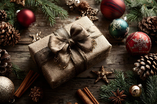 Christmas flat lay background with present and decorations.