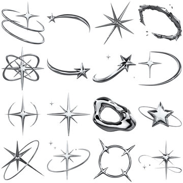 dynamic collection of shiny chrome 3d rendered stars and abstract metallic shapes, perfect for modern graphic design projects.
