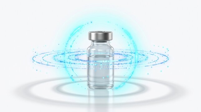 Futuristic medical vial surrounded by a glowing blue energy field, symbolizing advanced scientific research and pharmaceutical innovation in healthcare technology