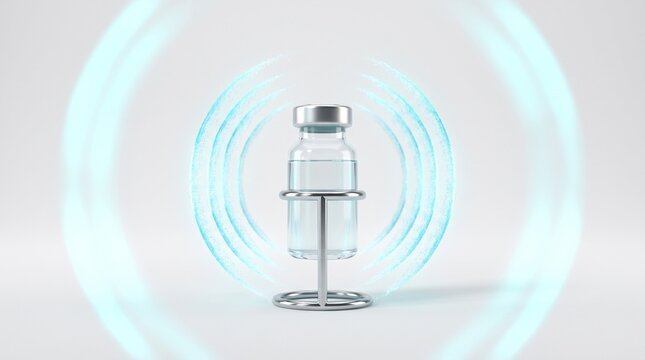 3D Illustration of a Medical Vaccine Vial with Futuristic Blue Scanning Energy Waves for Biotechnology and Healthcare Research