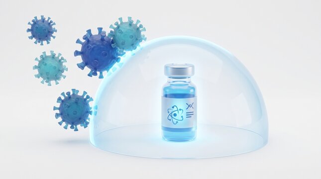 Microscopic view of a vaccine vial protected by a shield from airborne viruses, representing immunity and health