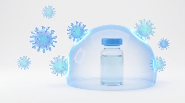 3D Illustration of a Vaccine Vial Protected by a Protective Shield Against Virus Particles for Immunity and Healthcare