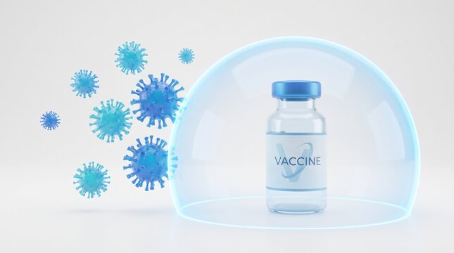 Vaccine vial bottle protected inside a glowing shield dome against floating virus cells for immunization concept