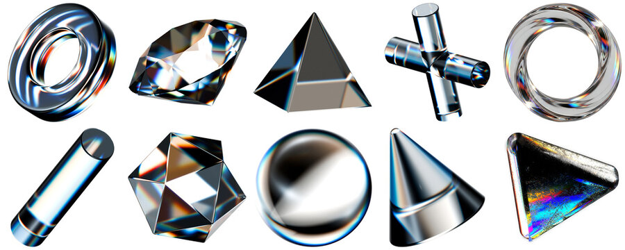 a diverse collection of abstract 3d rendered geometric shapes with vibrant light refractions and reflections, isolated on black.