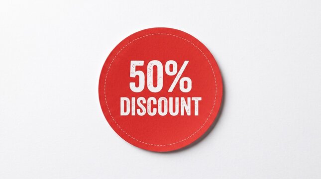 A bold red discount badge prominently displays a fifty percent savings offer, symbolizing retail promotion, customer value, affordability, and effective marketing communication.