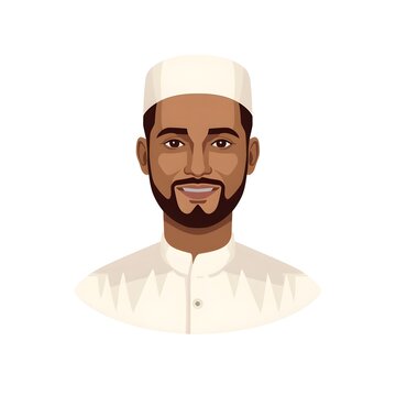 vector illustration of cartoon man, Muslim Man Avatar, Islamic Man With White Cap Kufi Beard Portrait