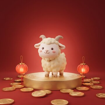 Cute 3D goat with gold coins and lanterns on a red background