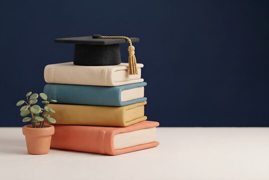 3D stack of books with a graduation cap on navy blue