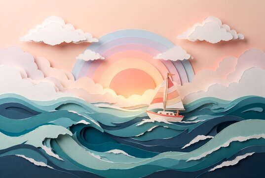 Paper cut sailboat on layered waves at a coral sunrise