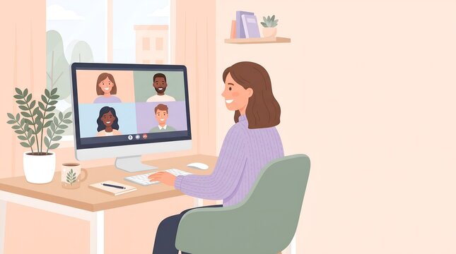 Flat illustration of a woman on a video call with her team