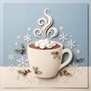 Paper cut mug of hot cocoa with marshmallows and snowflakes