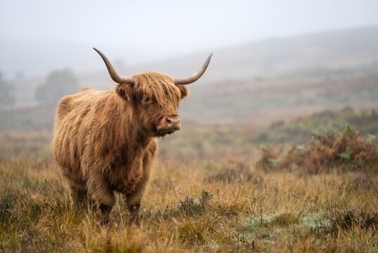 Shaggy ginger highland cow standing in a misty field