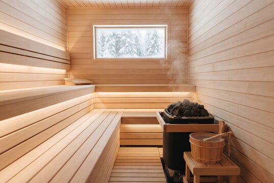 Empty wooden sauna with hot stones and rising steam