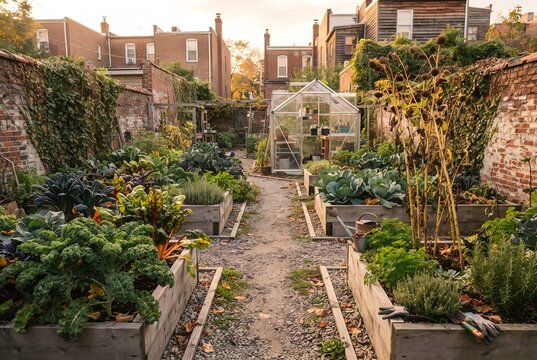 Raised vegetable beds in a community garden in autumn