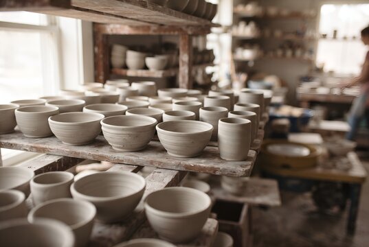 Handmade clay bowls drying on wooden shelves in a pottery studio
