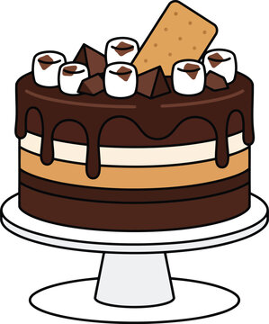 Delicious chocolate s'mores cake with marshmallows and graham crackers on a cake stand