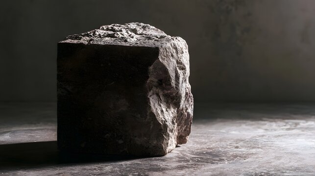 A large rough hewn stone block stands alone in a dimly lit space  casting a soft shadow on the floor