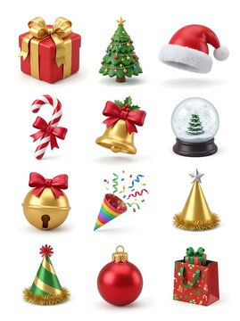 Set of 3D Christmas Icons. Christmas greeting cards, holiday advertisements, website graphics, mobile applications, social media posts, festive banners, e commerce promotions, gift packaging, digital