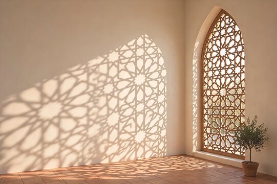 Arch window casting Islamic geometric shadows on cream wall