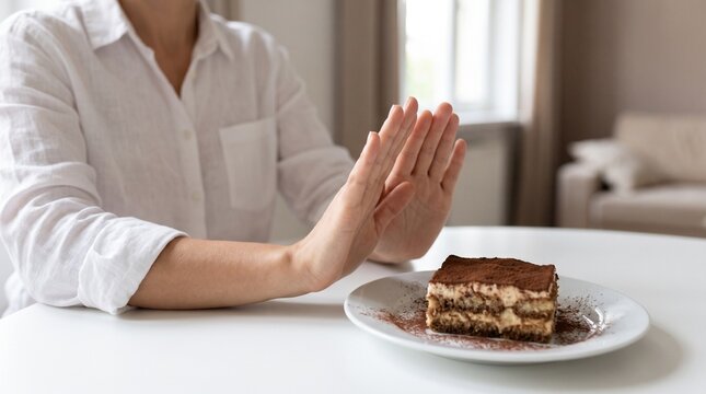 Person refusing a slice of tiramisu, indicating a diet or healthy eating choice.