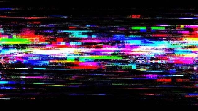 Abstract colorful glitch background with distorted digital signal and noisy pixel patterns for graphic design.