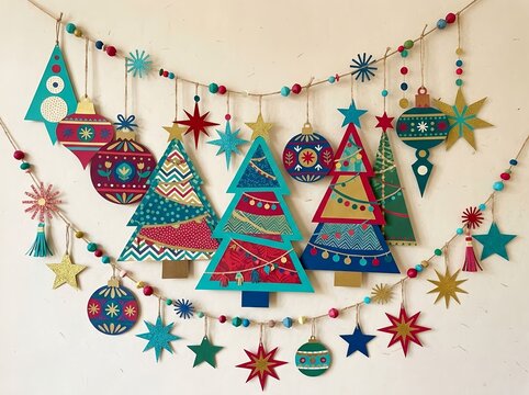 Handcrafted Paper Cut Garland with Happy New Year Sign and Christmas Trees. For New Year party decorations, Christmas event invitations, holiday greeting cards, festive banners, classroom displays