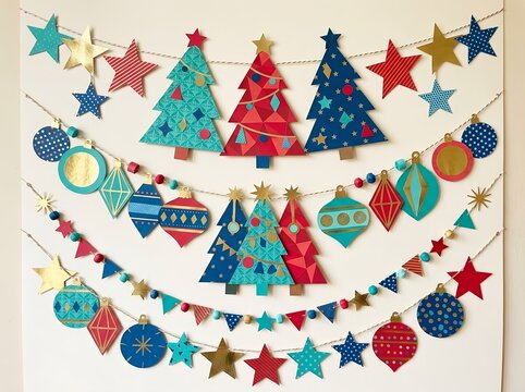 Handcrafted Paper Cut Garland with Happy New Year Sign and Christmas Trees. For New Year party decorations, Christmas event invitations, holiday greeting cards, festive banners, classroom displays