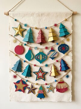 Handcrafted Paper Cut Garland with Happy New Year Sign and Christmas Trees. For New Year party decorations, Christmas event invitations, holiday greeting cards, festive banners, classroom displays