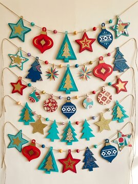 Handcrafted Paper Cut Garland with Happy New Year Sign and Christmas Trees. For New Year party decorations, Christmas event invitations, holiday greeting cards, festive banners, classroom displays