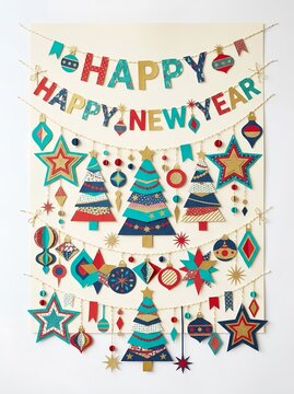 Handcrafted Paper Cut Garland with Happy New Year Sign and Christmas Trees. For New Year party decorations, Christmas event invitations, holiday greeting cards, festive banners, classroom displays
