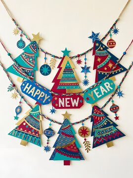 Handcrafted Paper Cut Garland with Happy New Year Sign and Christmas Trees. For New Year party decorations, Christmas event invitations, holiday greeting cards, festive banners, classroom displays