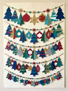 Handcrafted Paper Cut Garland with Happy New Year Sign and Christmas Trees. For New Year party decorations, Christmas event invitations, holiday greeting cards, festive banners, classroom displays