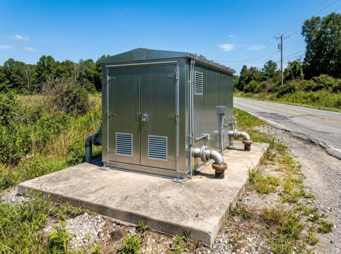 Utility station enclosure beside a rural road