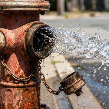 Water bursts from an open fire hydrant on a street