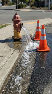 Fire hydrant releases water beside traffic cones