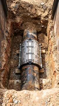 Main repair clamp fitted to a pipe in an excavation