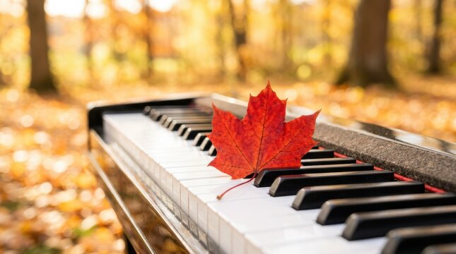 A red maple leaf rests on piano keys amidst a blurred autumn forest background, blending music and nature in a warm, golden light.