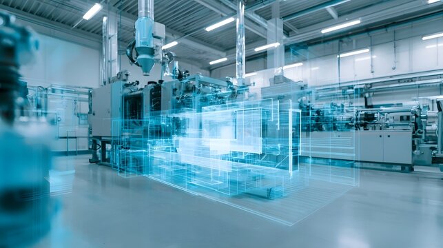 Digital twin visualization overlays industrial hinery in a modern factory setting with clean blue lighting and technical precision