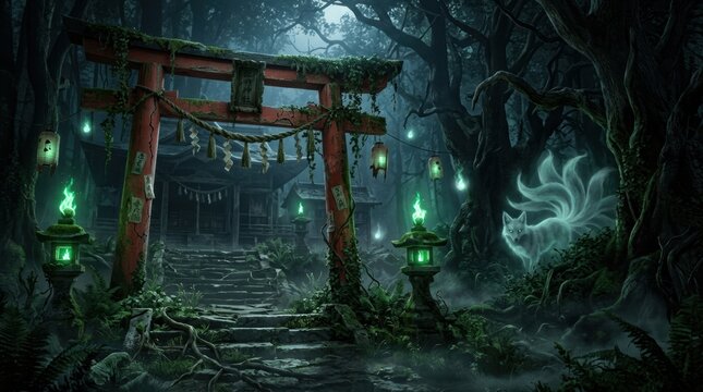 A cursed Japanese shrine in a dark forest, its torii gate cracked and covered in moss. A ghostly fox (kitsune) with multiple tails watches from the shadows.