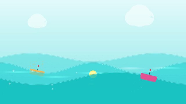 Colorful Cartoon Boats Floating on Rolling Ocean Waves in Flat Vector Style