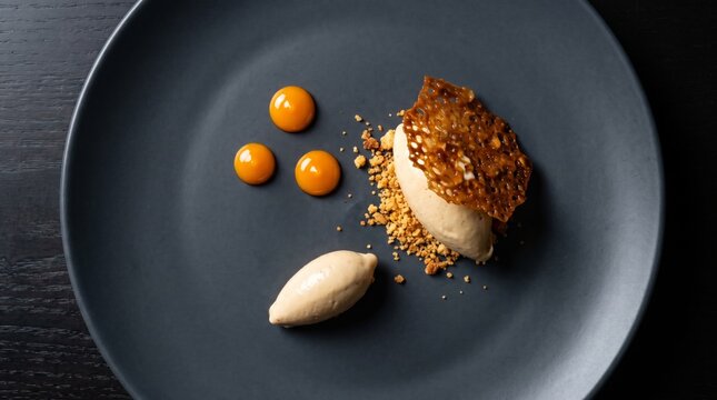 Fine pastry dessert plating with caramel, crumble, citrus spheres on dark plate