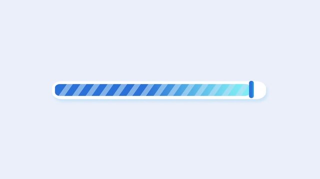 Minimal flat vector animation of a blue and cyan striped loading progress bar with a slim vertical endpoint marker and a rounded white track on a light pastel background. Ideal for software loading sc