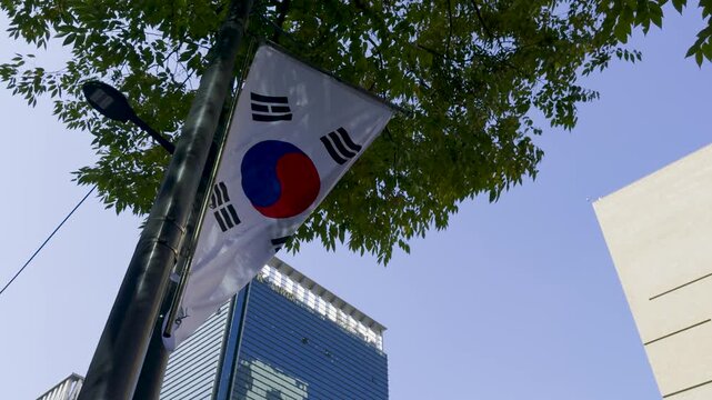Korean flag on street lamp under green trees