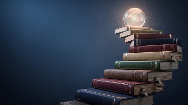 Stack of vintage books with a glowing crystal ball on top against a dark blue background
